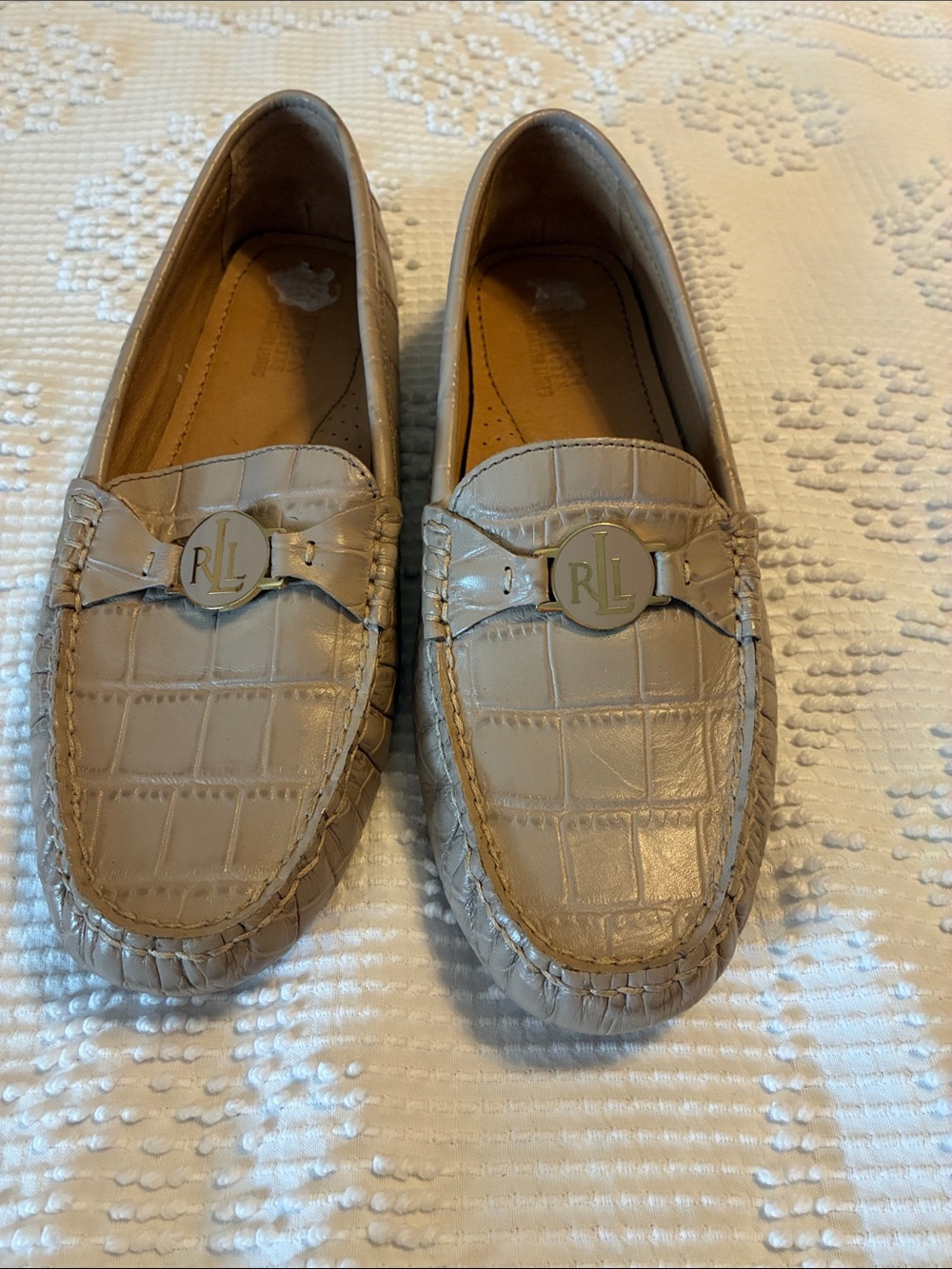 Ralph Lauren Taupe Croc-Embossed Leather Loafers with Gold RLL Medallion